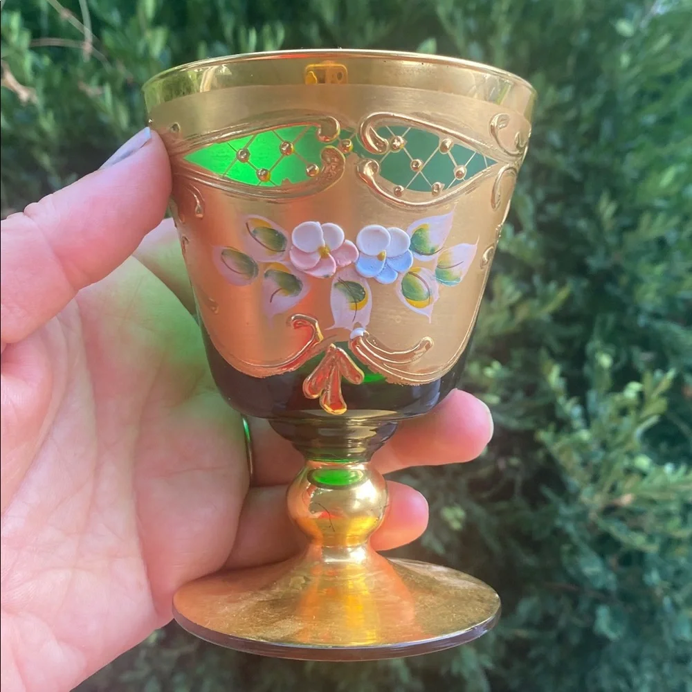 Vintage 4 Bohemian Moser Style Green Glass Heavy Gold Painted Flowers handmade5”